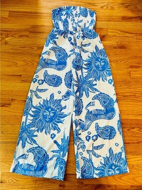 SHEIN White/Blue Beachy Sun Motif Strapless Wide-Leg Jumpsuit Size M Like New